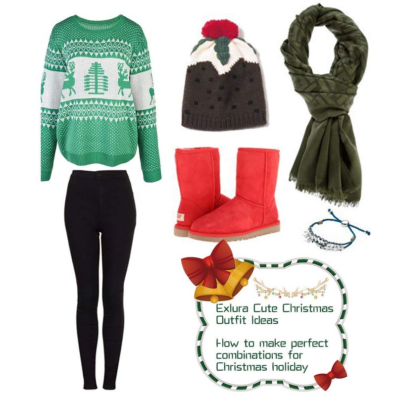 EXLURA Patterns Reindeer Ugly Christmas Crew Neck Long Sleeve Sweater Jumper Pullover Knitted Printed Tops Green - Image 5